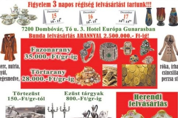 Ékszer-, régiség- és bundafelvásárlás lesz 3 napig Dombóváron